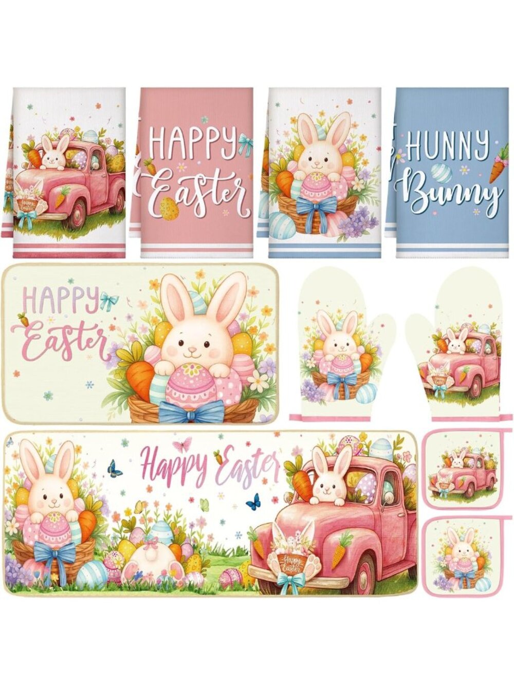 Easter Kitchen Decor Set - 10 Pcs Bunny Towels, Rugs, Mitts & Pot Holders